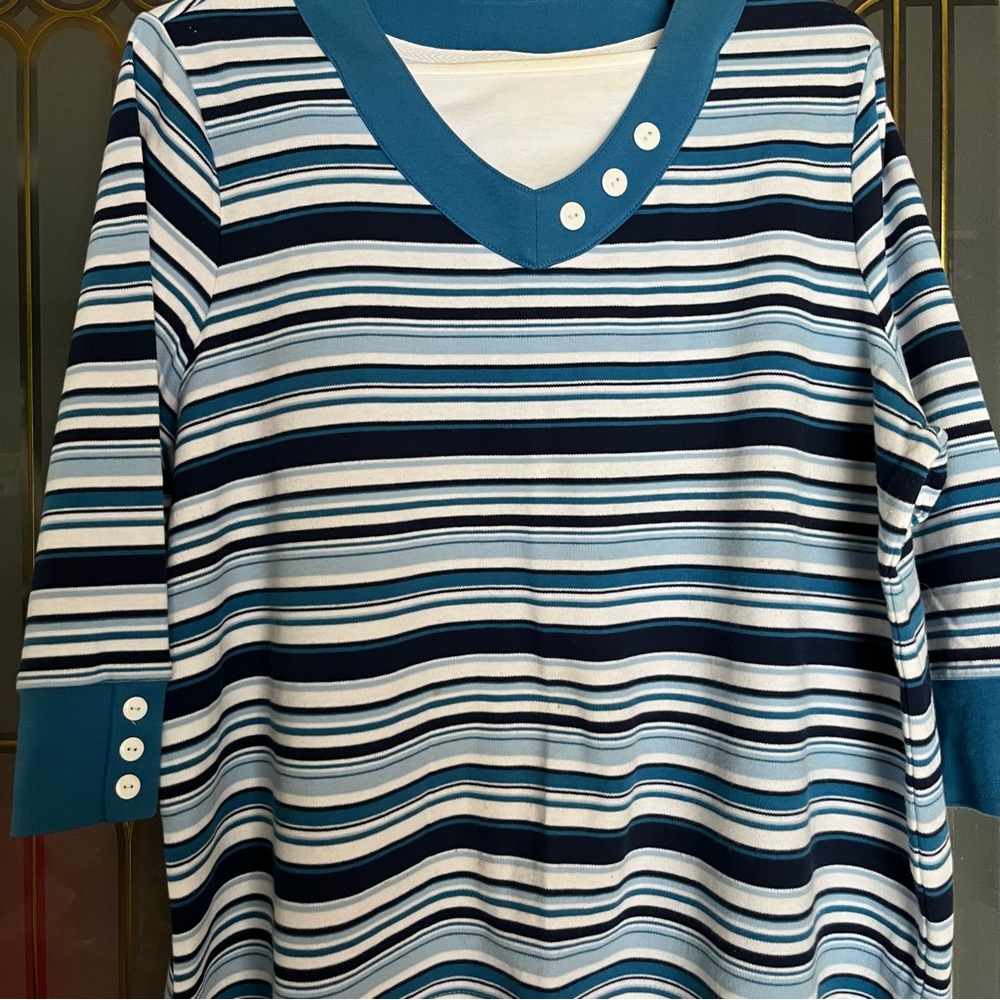 Breckenridge Woman 1X Blue Striped V-Neck Top